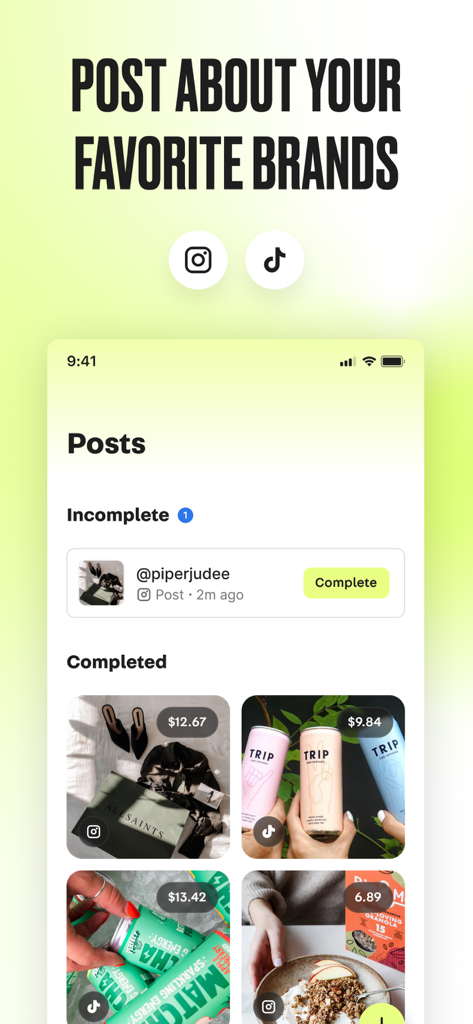 Social Tip: Post & Earn - Interface of Social Tip app showing earnings for brand posts on social media