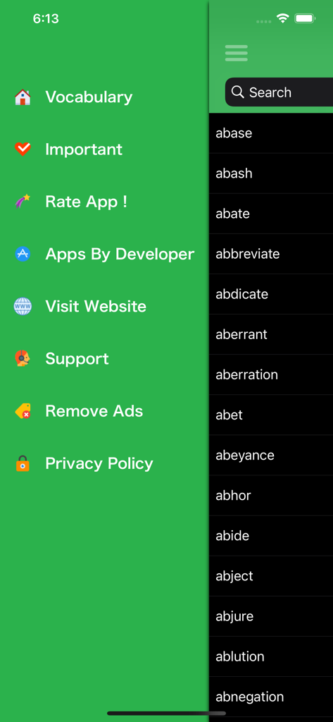 Side navigation menu of the GRE English Vocabulary Builder app listing categories and support options.