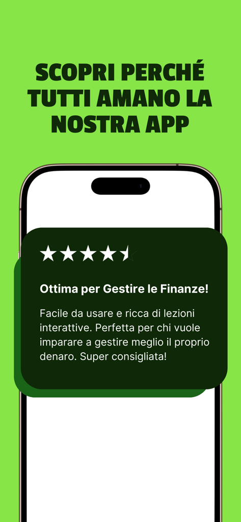Reseña de usuario de la aplicación Finanz elogiando las lecciones interactivas para la gestión financiera.