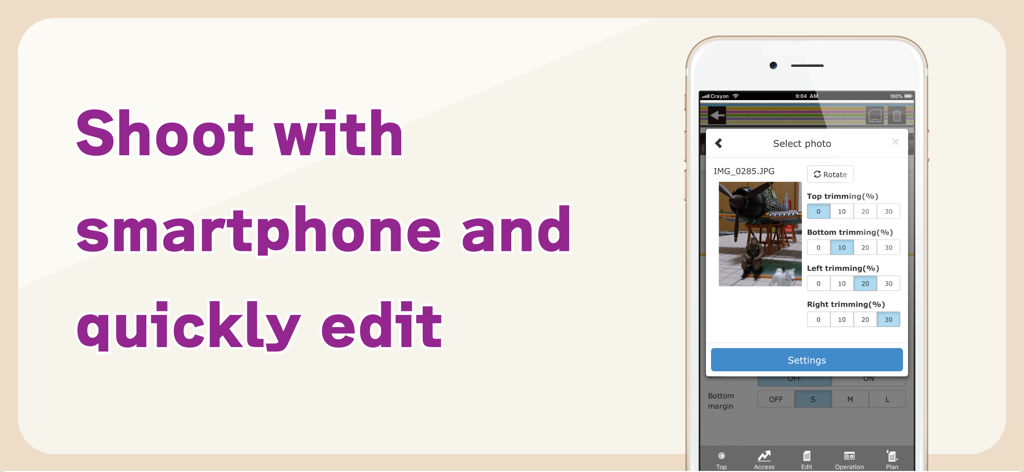 Crayon – Create a website - Tela de smartphone mostrando ferramentas de corte e edição de fotos dentro do aplicativo construtor de sites Crayon