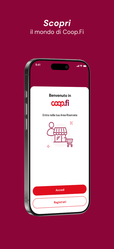 Schermata di benvenuto dell'app coop.fi per Unicoop Firenze con pulsanti di accesso e registrazione