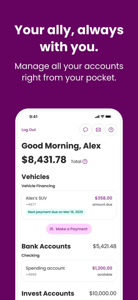 Painel do aplicativo móvel Ally mostrando saldos consolidados de contas bancárias, financiamento de veículos e investimentos.
