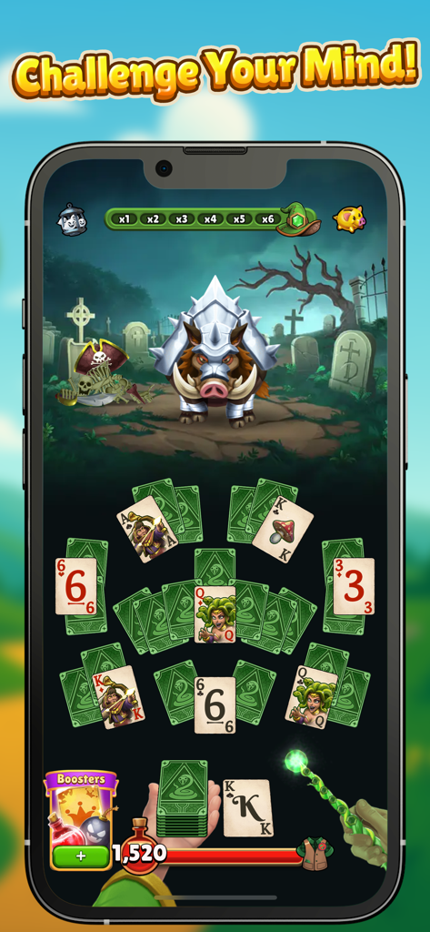 Sorcery School - Sorcery School solitaire card game level featuring an armored boar monster in a graveyard setting.