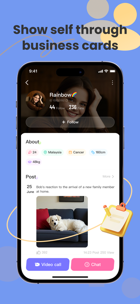User profile page on Loha Chat app showcasing a business card layout with bio and post details
