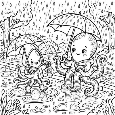 Embrace the cozy charm of a rainy day with this delightful coloring page featuring an adorable octopus and a playful squid. Watch as they navigate puddles and raindrops, ready for your artistic touch to bring their wet-weather adventure to life.
