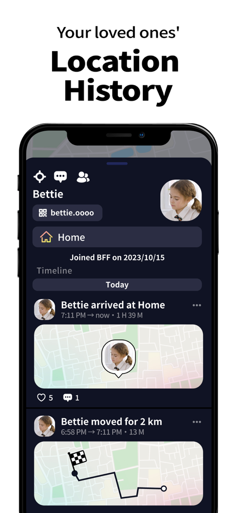 A smartphone screen showing the location history and timeline of a friend on the MixerBox BFF app map