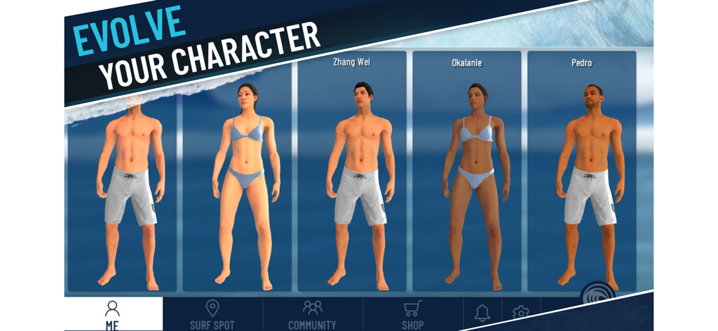 Character selection screen showing various male and female surfers in the True Surf game