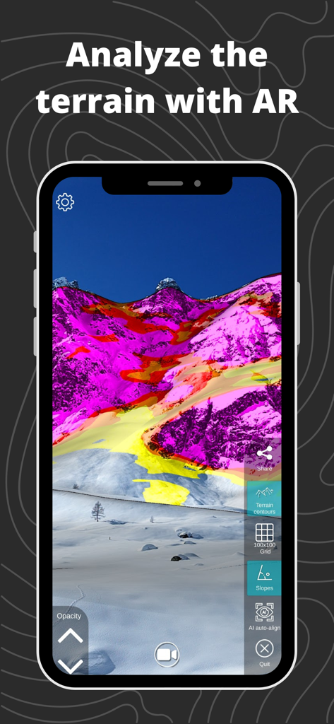 Augmented reality view of mountain slope gradients for backcountry navigation.