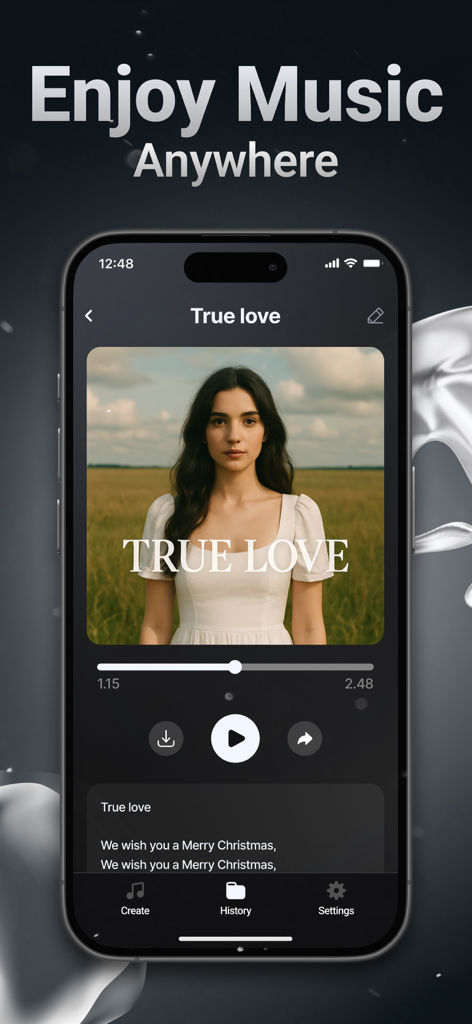Riffusion AI music generator app screen showing a song player with playback controls and lyrics