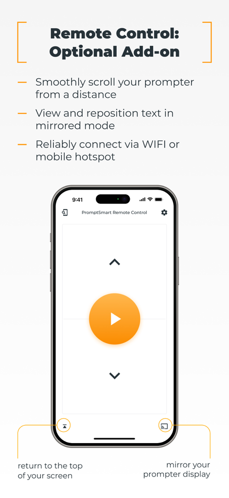 Interface for the PromptSmart Pro teleprompter remote control feature on an iPhone screen