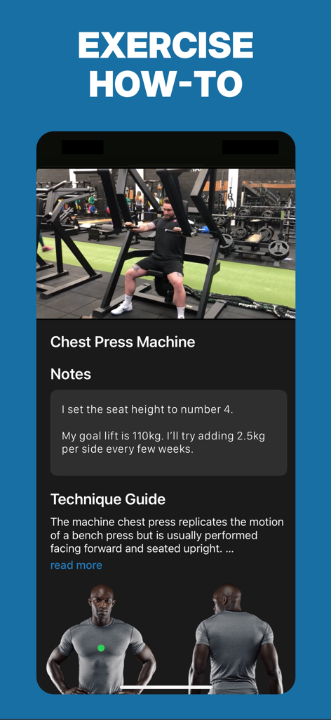 Gym Workout Planner - Gym Plan - Uma captura de ecrã da app móvel mostrando um tutorial de exercício para uma máquina de supino com guias de técnica e notas pessoais