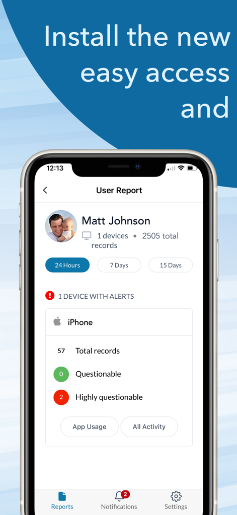 Accountable2You Monitoring - User activity report dashboard in the Accountable2You app showing device monitoring records and alerts.