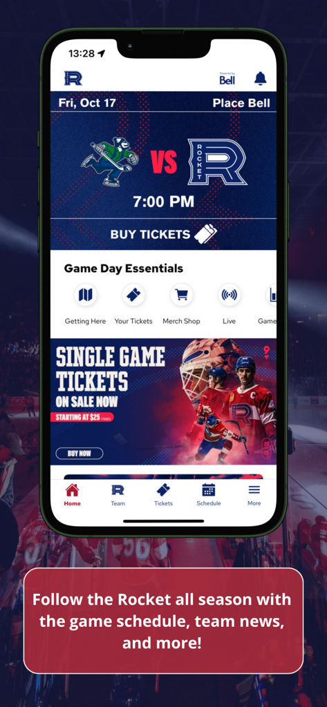 Laval Rocket - Laval Rocket hockey app home screen showing game schedule and ticket booking options