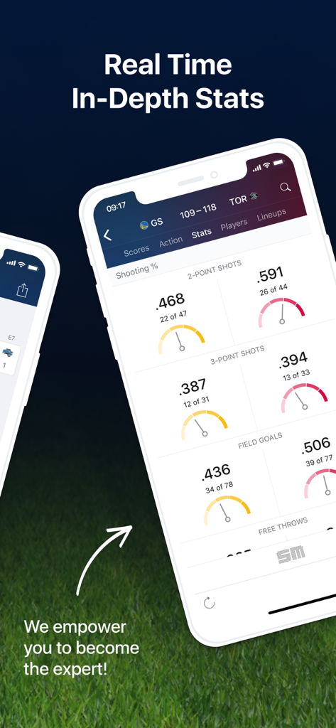 모바일 장치에서 실시간 슈팅 성공률을 보여주는 NBA 라이브 게임 통계 대시보드