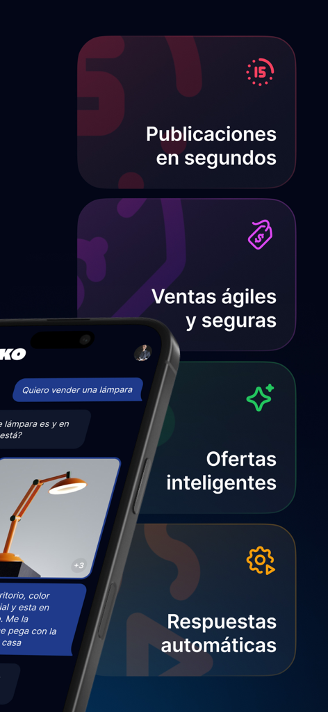 Interfaccia dell'app Linko con funzioni di assistente IA per la compravendita locale