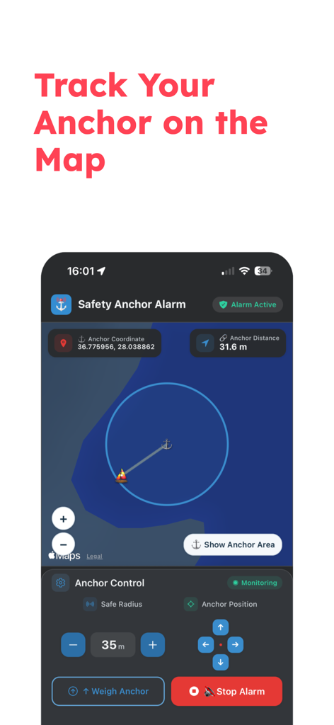 Safety Anchor Alarm - Safety Anchor Alarm app interface showing real-time boat position and safety radius tracking on a map