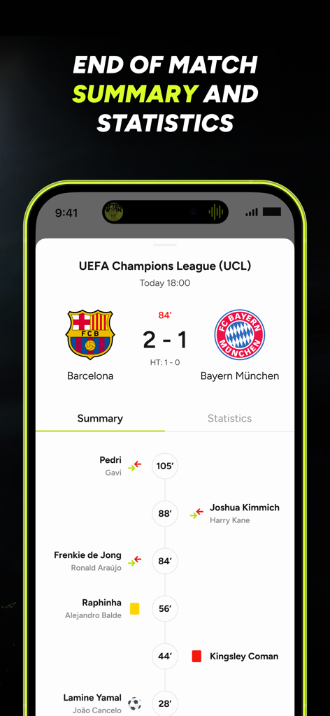 Soccer AI: Match Score Picks - Soccer AI app displaying match summary and statistics for a Barcelona versus Bayern Munich game