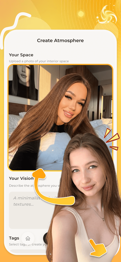 Sopao - Sopao app interface showing the Create Atmosphere screen with options to upload a photo and describe a design vision.