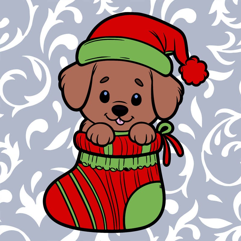 cute puppy wearing santa hat in socking