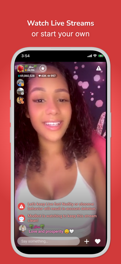 Interfaz de usuario de la aplicación Moco que muestra una transmisión de video en vivo con funciones de chat interactivas.