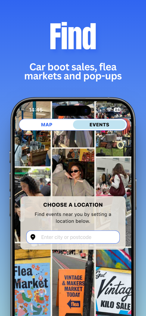 Ganddee: Second Hand Shops Map - Interface de l'application Ganddee pour trouver des marchés aux puces locaux et des vide-greniers.