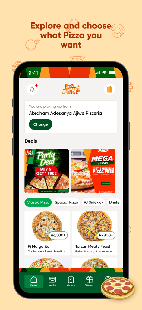 Pizza Jungle - Pizza Jungle mobile app home screen showing deals and pizza menu options