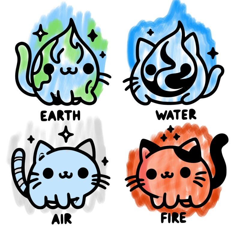 4 cats that represent the different elements, earth, water, air, and fire