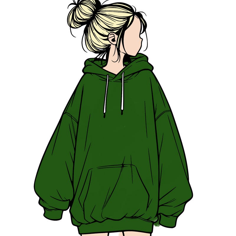realistic girl with a oversized sweatshirt on and a bun