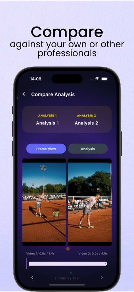 Side-by-side video comparison of a tennis player's form for biomechanical analysis in the CheckMotion app