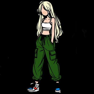 girl in baggy pants crop top and long hair
