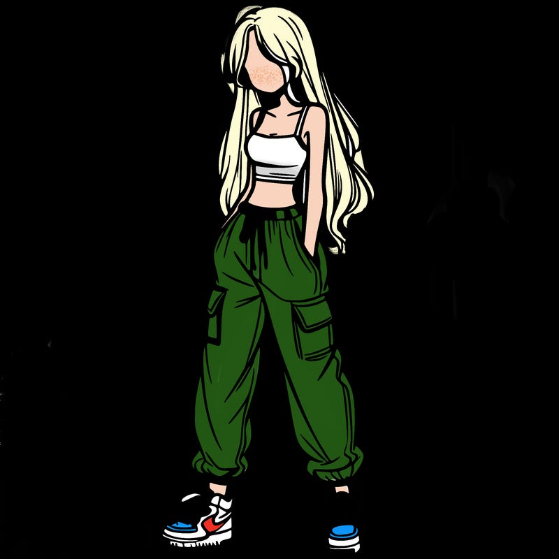 girl in baggy pants crop top and long hair