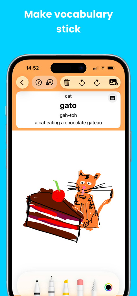 Drawn from Memory – Languages - A screenshot of the Drawn from Memory app showing a mnemonic drawing of a cat eating a cake to learn the Spanish word gato.