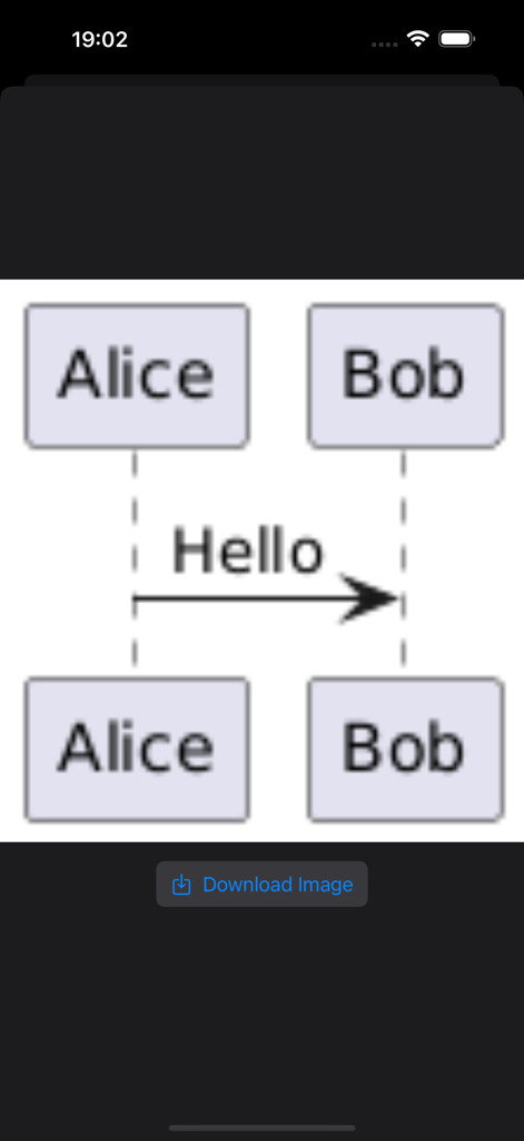UMLite - Una vista previa simple de diagrama de secuencia UML en UMLite mostrando un mensaje Hola entre Alice y Bob
