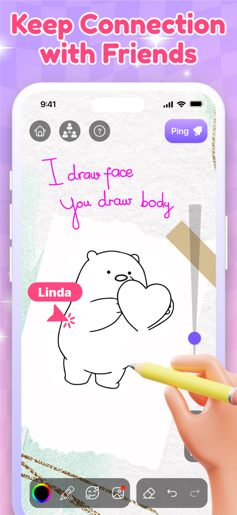 Zumee - Lockscreen Drawing - Zumee app interface showing collaborative drawing with a friend featuring a cute bear sketch and social interaction tools