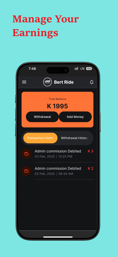 Bert Ride - Interfaz de la app Bert Ride mostrando la gestión de ganancias con el saldo total y el historial de transacciones