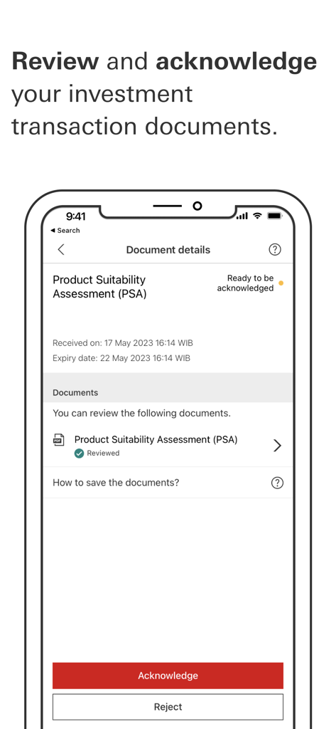 投資取引文書の確認と承認のためのHSBCインドネシアモバイルアプリの画面