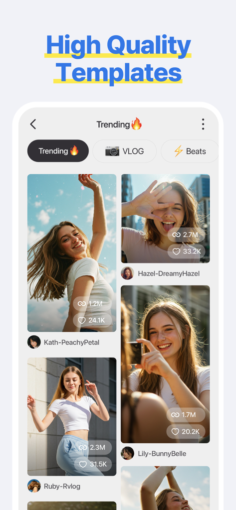 Spring - Video Editor - Interface of the Spring Video Editor app displaying trending high quality video templates for social media creators