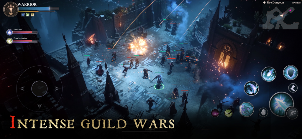 Intense guild wars battle in Dungeon Hunter 6 featuring the warrior class in a dark dungeon environment
