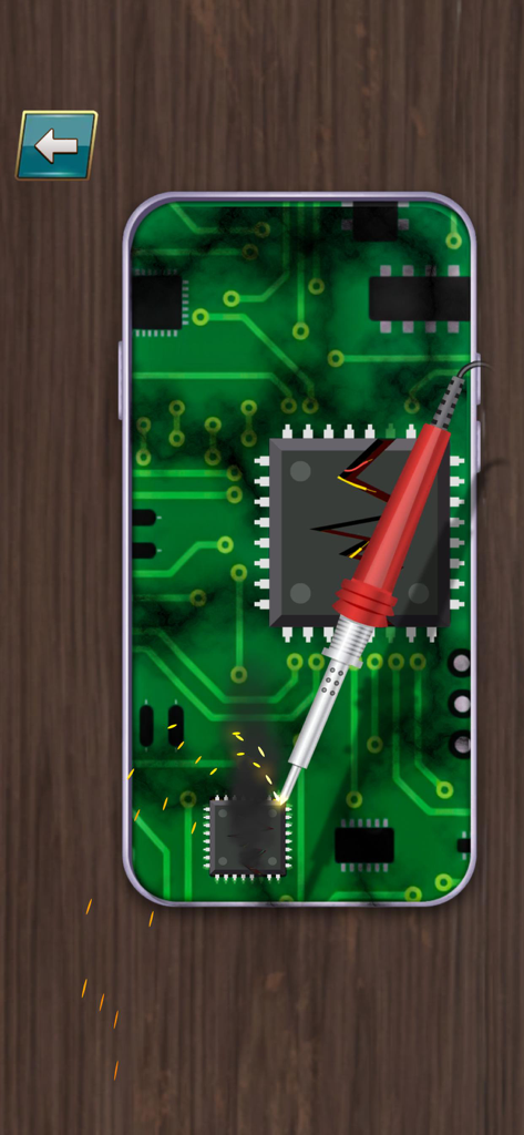 Gadget Repair Phone Technician - Ein Lötkolben repariert eine Leiterplattenkomponente in einem Smartphone in einem Simulationsspiel.