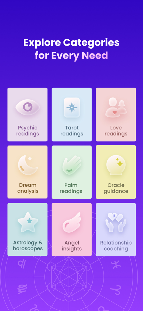 Purple Garden Psychic Reading - A menu showing spiritual reading categories including tarot, love readings, dream analysis, and astrology on the Purple Garden app.