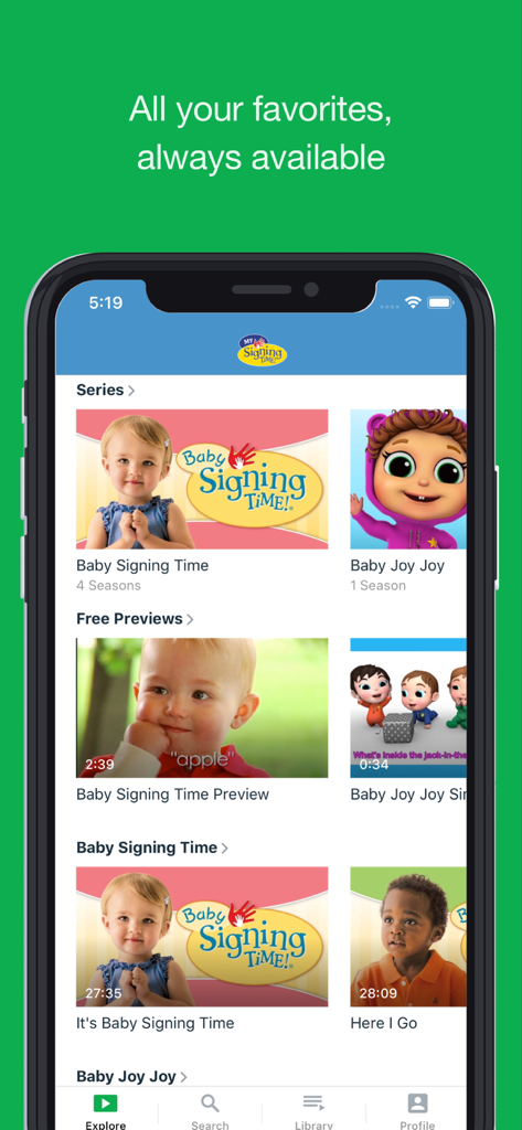 My Signing Time - Interface of the My Signing Time app showing a selection of sign language educational videos for children