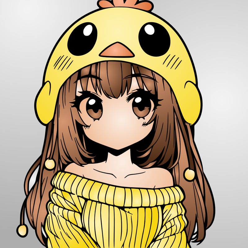 anime girl with chick shaped hat with sweater with bare shoulders with bangs covering them one eye with low tail