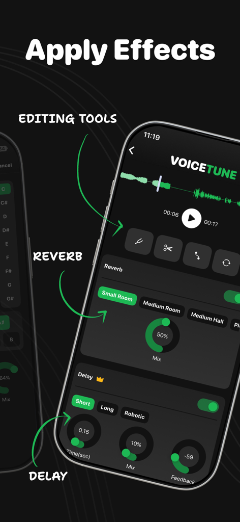 Interface of Voice Tune app showing vocal effects like reverb and delay with editing tools