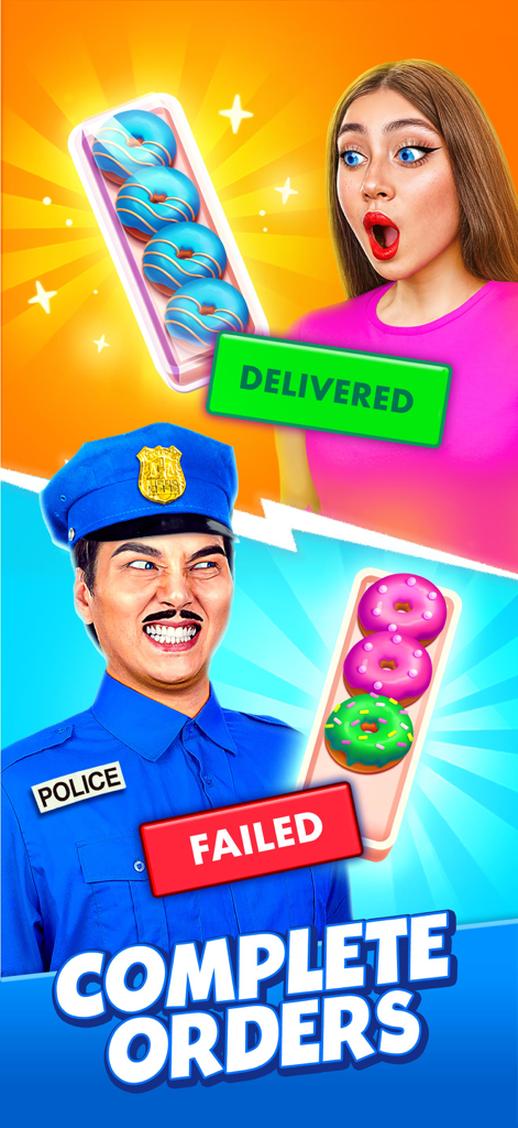 Gameplay screen of Multi DO Sort showing correct and incorrect donut orders with character reactions