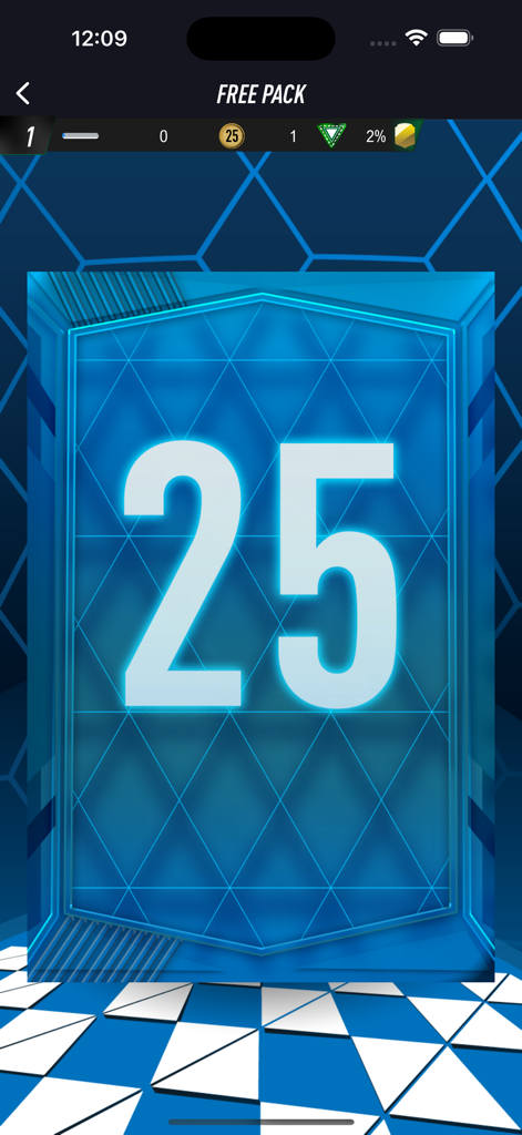 PACFUT 25 - A blue football card pack opening screen in the PACFUT 25 mobile game.