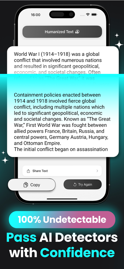 Interface of AI Humanizer app displaying rewritten text and a banner for passing AI detectors