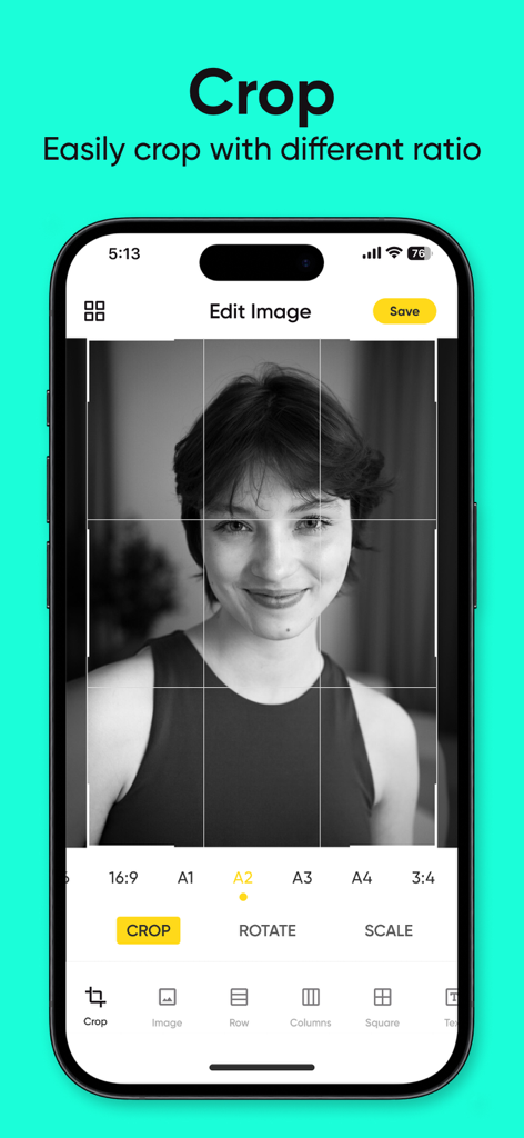 A screenshot of the GridArt app displaying its image cropping tool with different aspect ratios for artists.