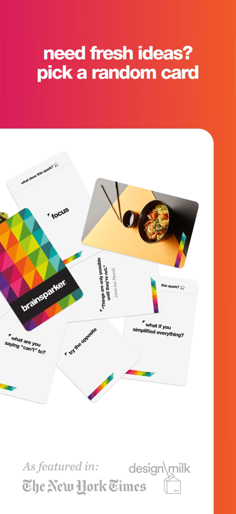 Brainsparker Creativity Coach - Brainsparker creativity coach app displaying a variety of random spark cards for generating fresh ideas.