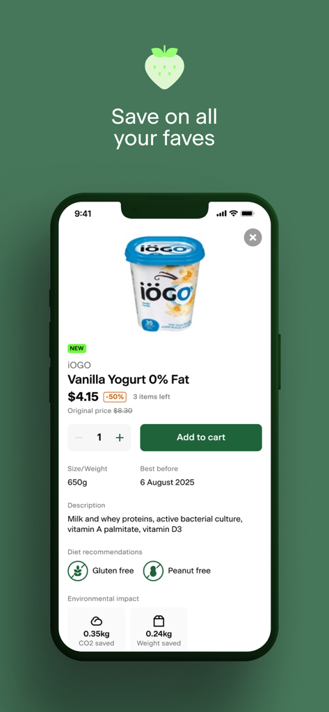 Mobile app interface of FoodHero showing a 50 percent discount on yogurt with CO2 savings and dietary information