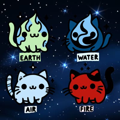 4 cats that represent the different elements, earth, water, air, and fire